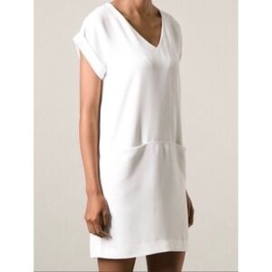 Vince White V-Neck Cuffed Sleeve Minimalist Neutral Chic Shift Dress Size XS
